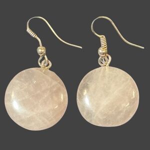 Rose Quartz Simple Disc Circle Drop Earrings, Dangle, Minimal, Light Pink